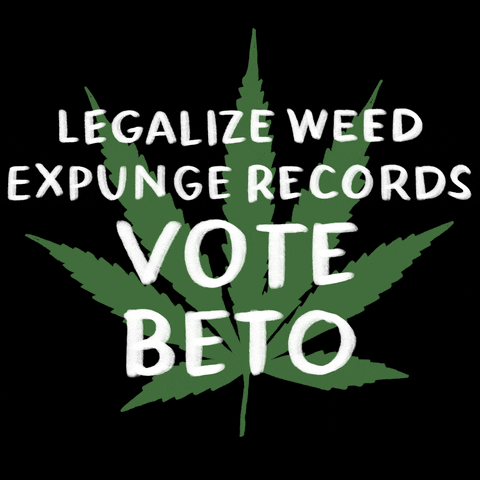 Digital art gif. Green marijuana leaf on a black background with a message in white marker font, "Legalize weed, expunge records, Vote Beto."