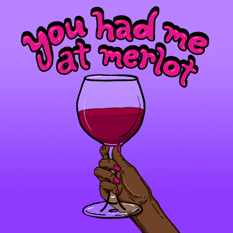 Digital art gif. Cartoon manicured hand holds up a wine glass full of red wine against a bright purple background. Text, "You had me at merlot."