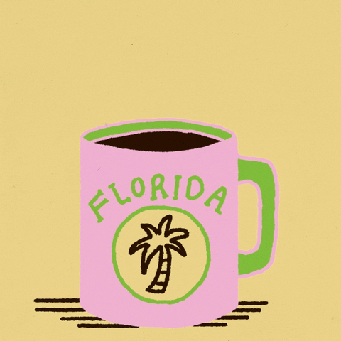 Digital art gif. Pink mug full of coffee featuring a palm tree labeled “Florida” rests over a light yellow background. Steam rising from the mug reveals the message, “Vote early.”