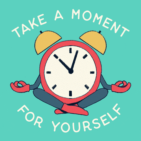 Digital art gif. Alarm clock with spinning minute hand and arms and legs sits in a cross-legged meditation position, its forefingers and thumbs pressed together in an "O" shape. Text, "Take a moment for yourself," everything against a light blue background.