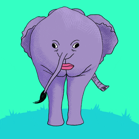 Digital art gif. Butt of an elephant with eyes and a mouth painted on, tail serving as a nose. The mouth shouts and a word bubble appears reading, "GOP taking credit for something they voted against!"
