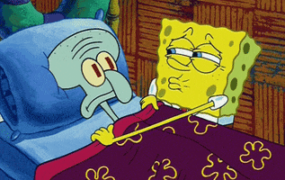 SpongeBob gif. Spongebob tucks Squidward into bed  and offers him a delicate good night smooch on the nose. 