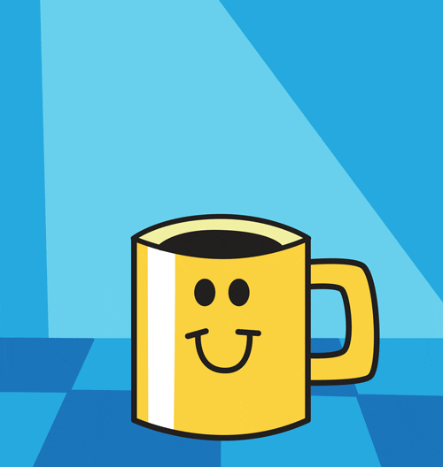 Digital art gif. A personified bright yellow mug full of coffee smiles as the steam from its top rises up to spell "coffee."