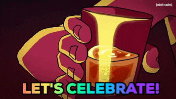 Cartoon gif. Character on Ballmasterz picks up a shot glass of liquor and holds it up, splashing the drink. Text, “Let’s celebrate!”