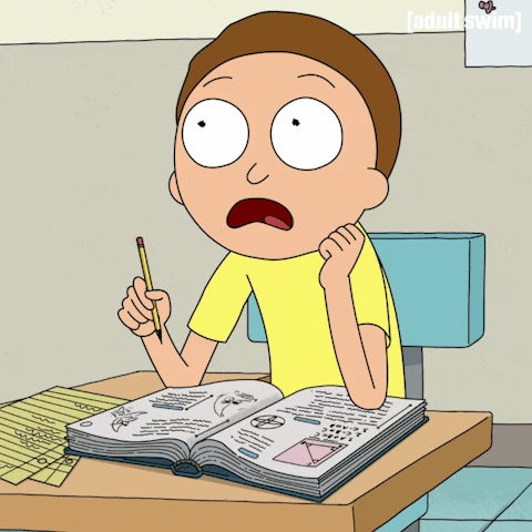 Cartoon gif. Morty on Rick and Morty sits at a desk with eyes wide and mouth gaping in shock as he drops a pencil on an open book without moving a muscle.