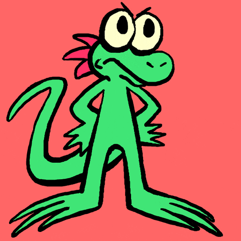 Digital art gif. A green lizard looks at his watch and taps his foot with an impatient expression on his face.