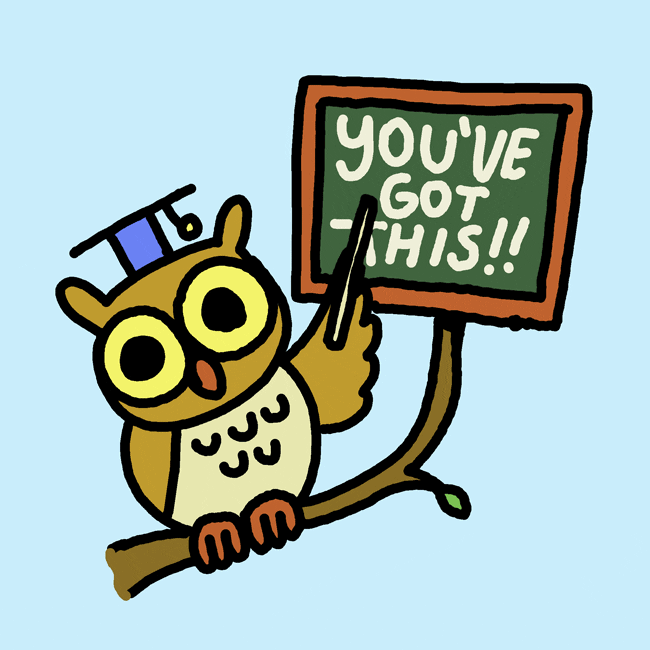 Cartoon gif. A blinking owl with a mortarboard sits on a branch, holding a pointer to a chalkboard at the end of the branch. The chalkboard reads "you've got this!!"