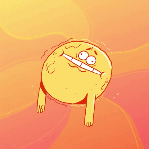 Illustrated gif. Sun-like spherical character slumps and sweats in the center of a hazy radial background, swiping his forehead and exhaling uncomfortably.