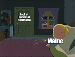 Family Guy gif. Jake Tucker labeled “Maine” sleeps soundly in his bed. His closet door labeled “Lack of Universal Healthcare” opens, revealing an angry monkey labeled “Monkey Pox” who shakes his finger and points at Jake.