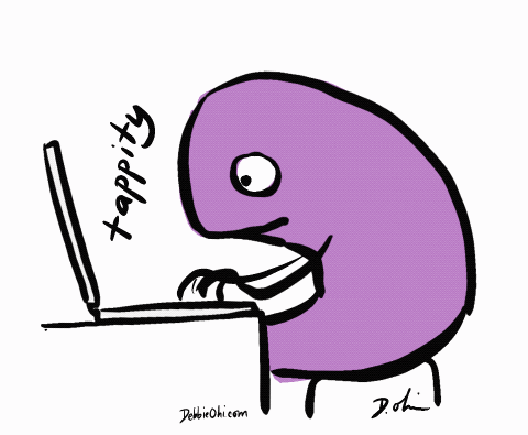 Gif of a cartoon purple blob shape tapping on a laptop
