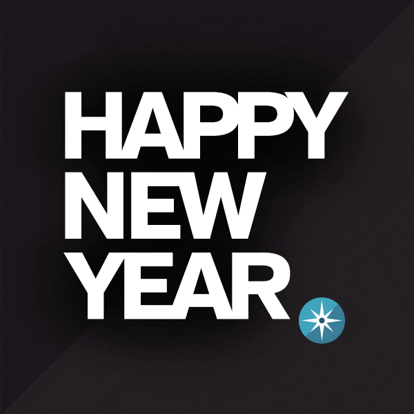Text gif. White fireworks burst against a black background. Text, "Happy New Year."