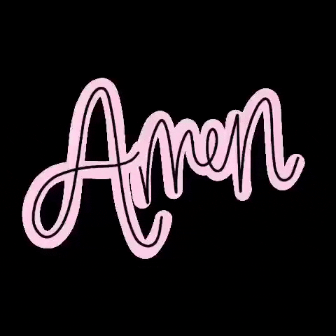 Text gif. Glowing pink script text rocks side to side over a black background, reading "Amen."