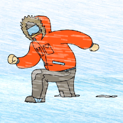 Cartoon gif. A person walks through the snow, leaning against fierce winter wind wearing a red hooded parka and ski goggles. 