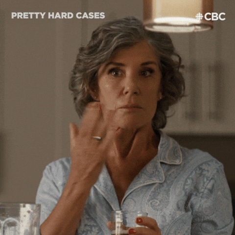 TV gif. Meredith MacNeill as Detective Sam in Pretty Hard Cases covers her mouth bashfully and ducks before walking away, saying "yikes" which appears as text.