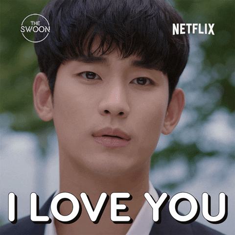 TV gif. Closeup of Kim Soo-hyun as Moon Gang Tae in "It's Okay to Not Be Okay" looks off longingly at someone with text that reads, "I love you."