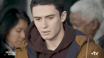 TV gif. Nathan Bensoussan as Antonin from Un Si Grand Soleil. He closes his eyes in shame and blows air out of his mouth. He puts his hand up to his eyes and sighs, rubbing his face. 
