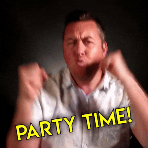 Video gif. Man in a white collared shirt does an enthusiastic boogie while pumping his fists into the air. A confetti overlay adds to the celebratory mood and yellow text reads, "Party time!"