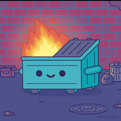 An animated gif illustration of a dumpster in an alley that is burning, but it's all very cute