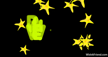 Text gif. Lime green text scatters onto a black background full of exploding yellow stars, "Happy new year."