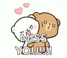 Cartoon gif. A bear gives another bear a death grip hug, squeezing the bear with such force that he tries to wriggle away. The first bear doesn't notice, though. Text, "Miss you!!"