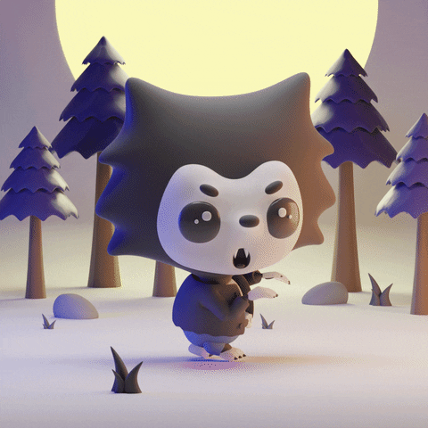Digital art gif. Three dimensional animation of a cute werewolf under a full moon doing the dance from the Michael Jackson’s Thriller music video.