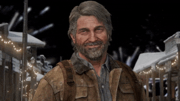 Video game gif. Joel from The Last of Us smiles and raises his drink as fireworks go off in the background.