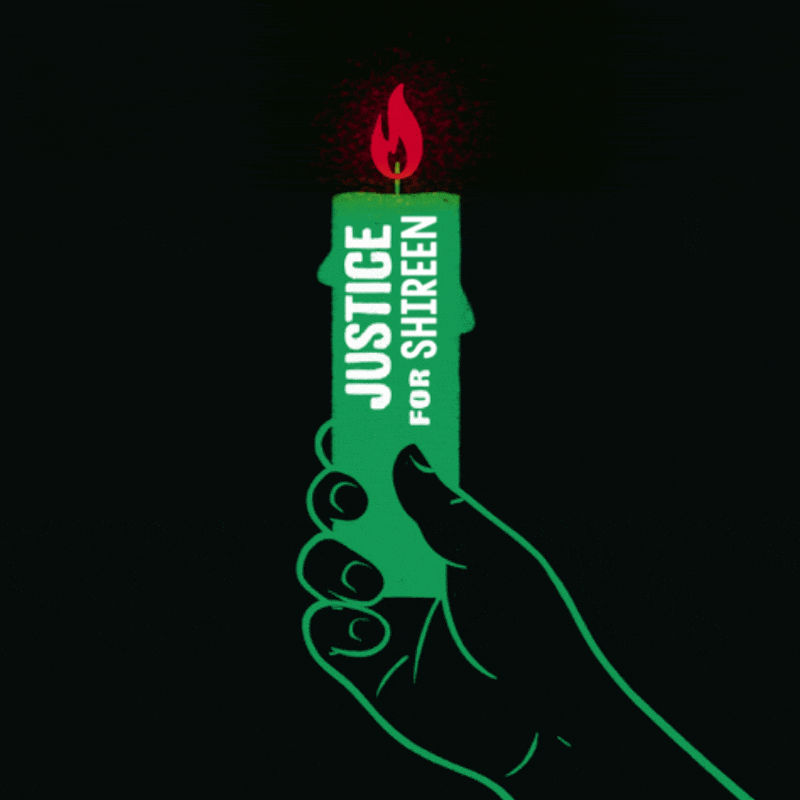 Digital art gif. Green outline of a hand holds up a burning green candle with a red flame. Text inside the candle reads, "Justice for Shireen."