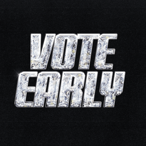 Digital art gif. Masculine diamond block letters reading, "Vote early," glimmer on a black background.