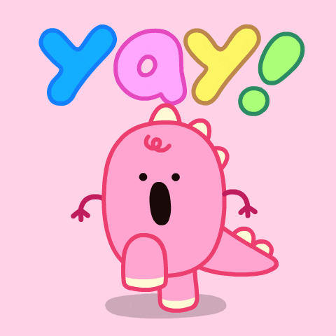 Růžový pohyblivý gif s růžovým tancujícím dráčkem a barevným blikajícím nápisem "Yay!". 