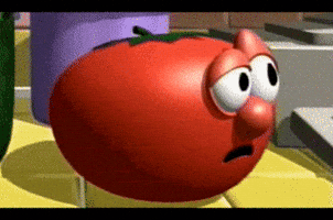Cartoon gif. Conflicted, the tomato from Veggie Tales turns, goes into deep thought.