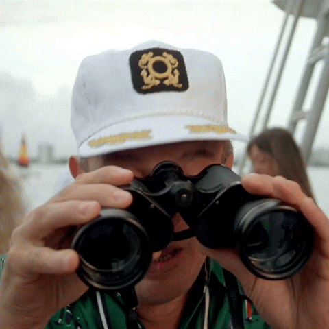 Movie gif. Rodney Dangerfield as Al Czervik in Caddyshack looks up from his binoculars with wide eyes.
