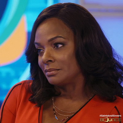 TV gif. Vanessa Bell Calloway as Ella on Saints and Sinners blinking and looking up as if she was offended.