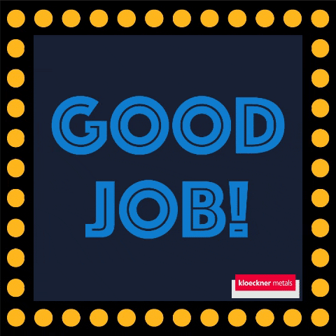 Text gif. The phrase, "Good job!" is flashing red, blue, and yellow, and lights around it flash the same colors.