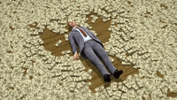 Cartoon gif. A man in a business suit lies on a floor covered in money. He waves his arms and legs away from his body making snow angels in the cash money.