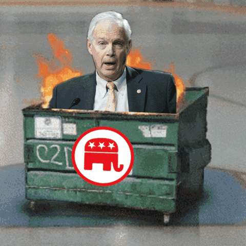 Political gif. Senator Ron Johnson emerges from a raging dumpster fire. The dumpster is stamped with a red and white elephant.