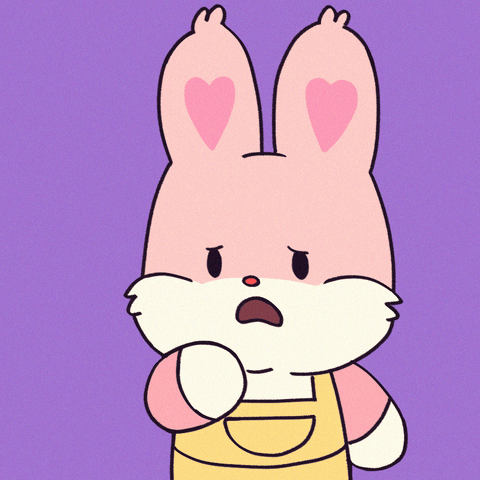 Kawaii gif. A cute bunny in overalls reacts shocked and covers their mouth with their paw. The text, "Oops!" appears on the screen while their ears flop back.