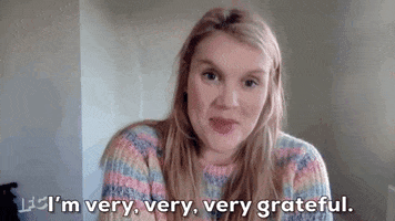 Video gif. Woman accepts an award at a virtual awards show. Text, "I'm very, very, very grateful."