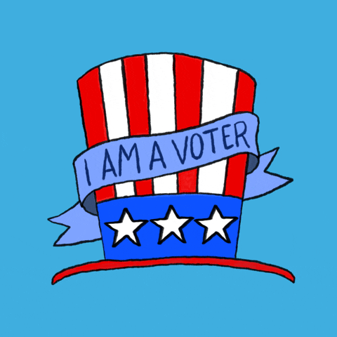 Digital art gif. Red, white, and blue top hat decorated with stripes and rotating stars rests over a light blue background. Banner over the hat reads, “I am a voter.”