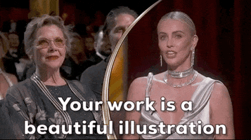 Oscars 2024 GIF. Split screen of Charlieze Theron saying, "Your work is a beautiful illustration of how to navigate the waves" to Annette Benning, who sits upright in the crowd.