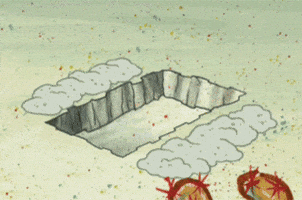 SpongeBob SquarePants gif. SpongeBob falls backward into a rectangular hole dug in the sand and reaches out to cover himself up with sand. The word "Nope" appears over the space where he buried himself