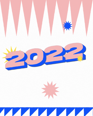Illustrated gif. Retro-aesthetic illustration shows "2022" in pink and blue lettering spinning horizontally as a bunch of blue and yellow smiley faces fall down from above, against a background of the same color palette with sharp triangles at the top and a sawtooth pattern on the bottom, with stars in the center.