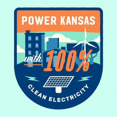 Digital art gif. Shield illustration, inside of which are a row of animated buildings, a solar panel, and a wind turbine. Text inside the shield says, "Power Kansas with one hundred percent clean electricity."