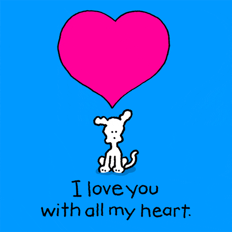 Cartoon gif. Chippy the Dog points to a large pink heart on a sky blue background. Text: I love you with all my heart.