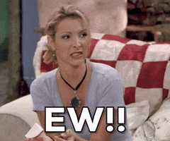 Friends gif. Holding a piece of cheese, Lisa Kudrow as Phoebe reacts to something in disgust, grimacing as she exclaims, "Ew!!," which appears as text.