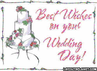Bílý gif k svatbě s kresleným dortem a třpytícím se růžovým nápisem "Best wishes on your wedding day!". 