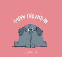 Illustrated gif. An elephant sits and smiles, then trumpets with its trunk, blowing flowery confetti. Text, “Happy Birthday.”