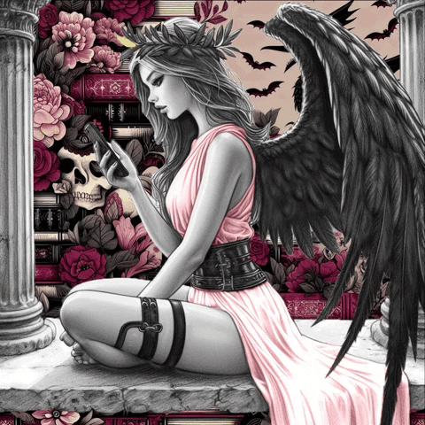 Digital art gif. A woman with angel wings sits cross legged and looks at her phone, which buzzes in her hand. There are black and pink roses in the background and she sits next to a pillar.