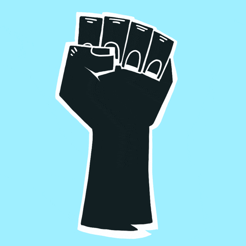 Illustrated gif. Black fist raised in solidarity on aqua, dramatic white marker font within. Text, "Today, we mourn, tomorrow, we fight."