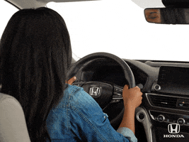 Video gif. A woman sits in the driver seat with her hands firmly on the steering wheel. She turns around with a big smile and a thumbs up, then turns back around to the steering wheel. Text, “Awesome!”