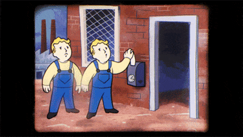 Video game gif. Vault Dweller in Fallout 76 punches a time card into a clock on a brick wall and trudges into work endlessly with a desolate expression on his face.